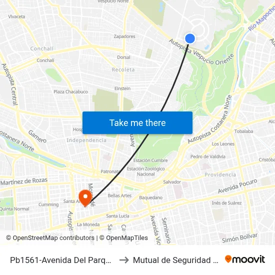 Pb1561-Avenida Del Parque / Esq. Av. Del Valle to Mutual de Seguridad C.Ch.C. Agustinas map