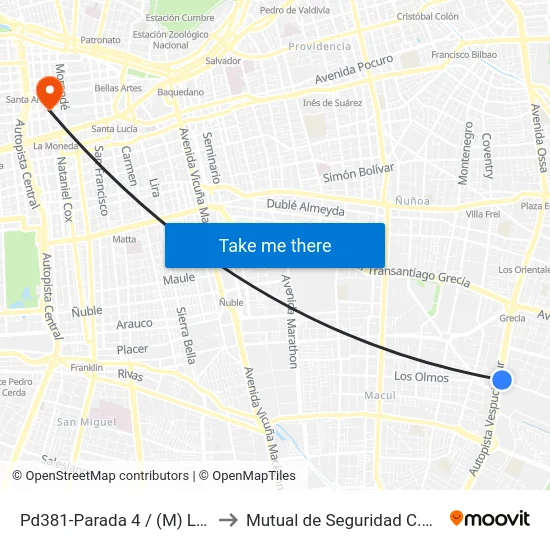 Pd381-Parada 4 / (M) Los Presidentes to Mutual de Seguridad C.Ch.C. Agustinas map