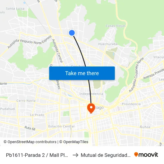 Pb1611-Parada 2 / Mall Plaza Norte - Santa Elena to Mutual de Seguridad C.Ch.C. Agustinas map