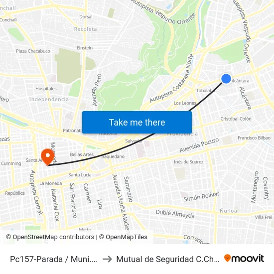 Pc157-Parada / Muni.Las Condes to Mutual de Seguridad C.Ch.C. Agustinas map