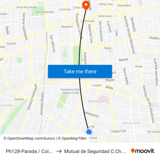 Ph128-Parada / Colegio Chile to Mutual de Seguridad C.Ch.C. Agustinas map