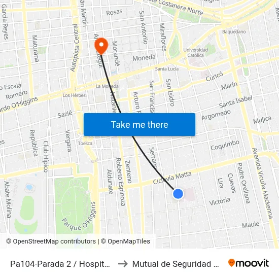 Pa104-Parada 2 / Hospital Sn. Borja Arriarán to Mutual de Seguridad C.Ch.C. Agustinas map