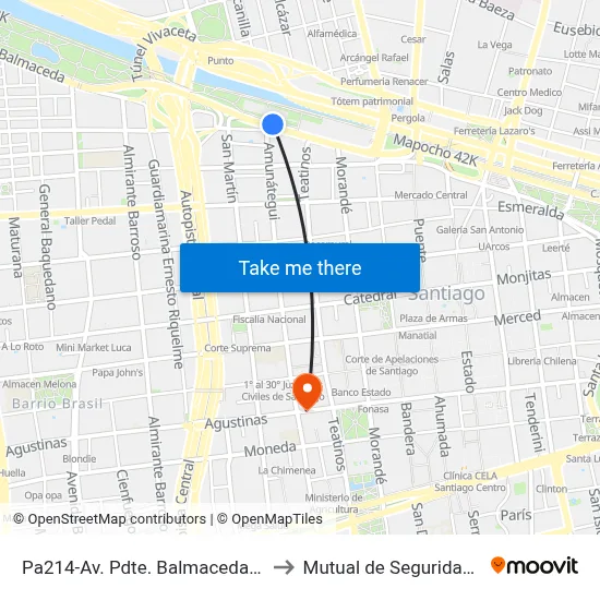 Pa214-Av. Pdte. Balmaceda / Esq. Hnos. Amunátegui to Mutual de Seguridad C.Ch.C. Agustinas map