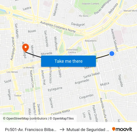 Pc501-Av. Francisco Bilbao / Esq. Avenida Italia to Mutual de Seguridad C.Ch.C. Agustinas map