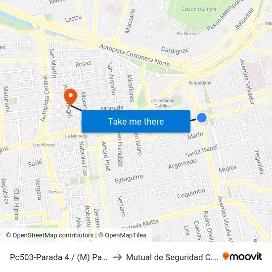 Pc503-Parada 4 / (M) Parque Bustamante to Mutual de Seguridad C.Ch.C. Agustinas map