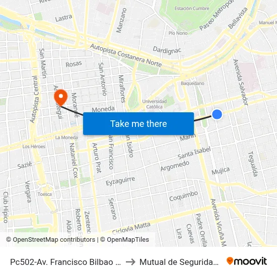 Pc502-Av. Francisco Bilbao / Esq. Avenida Seminario to Mutual de Seguridad C.Ch.C. Agustinas map