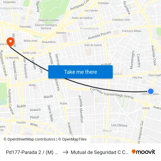 Pd177-Parada 2 / (M) Los.Orientales to Mutual de Seguridad C.Ch.C. Agustinas map