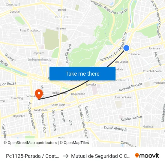Pc1125-Parada / Costanera Center to Mutual de Seguridad C.Ch.C. Agustinas map