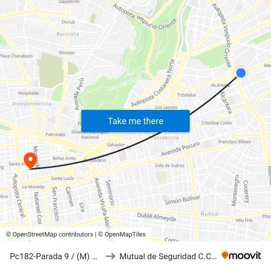 Pc182-Parada 9 / (M) Escuela Militar to Mutual de Seguridad C.Ch.C. Agustinas map