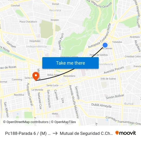 Pc188-Parada 6 / (M) Los Leones to Mutual de Seguridad C.Ch.C. Agustinas map