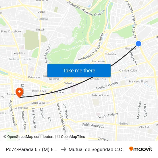 Pc74-Parada 6 / (M) Escuela Militar to Mutual de Seguridad C.Ch.C. Agustinas map
