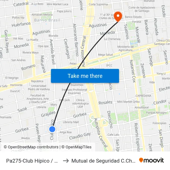 Pa275-Club Hípico / Esq. Toesca to Mutual de Seguridad C.Ch.C. Agustinas map