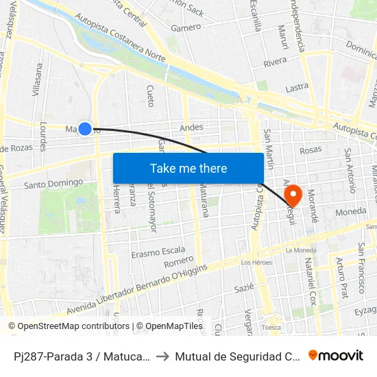 Pj287-Parada 3 / Matucana - Av. Mapocho to Mutual de Seguridad C.Ch.C. Agustinas map