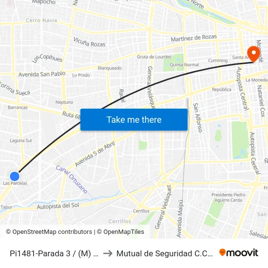 Pi1481-Parada 3 / (M) Las Parcelas to Mutual de Seguridad C.Ch.C. Agustinas map