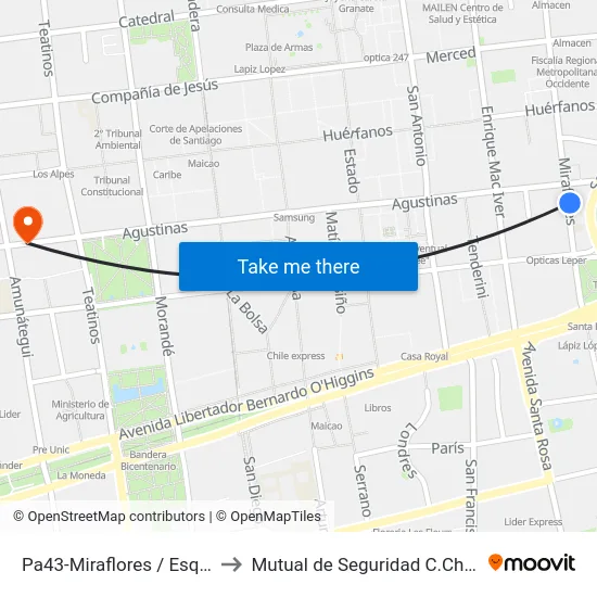 Pa43-Miraflores / Esq. Agustinas to Mutual de Seguridad C.Ch.C. Agustinas map