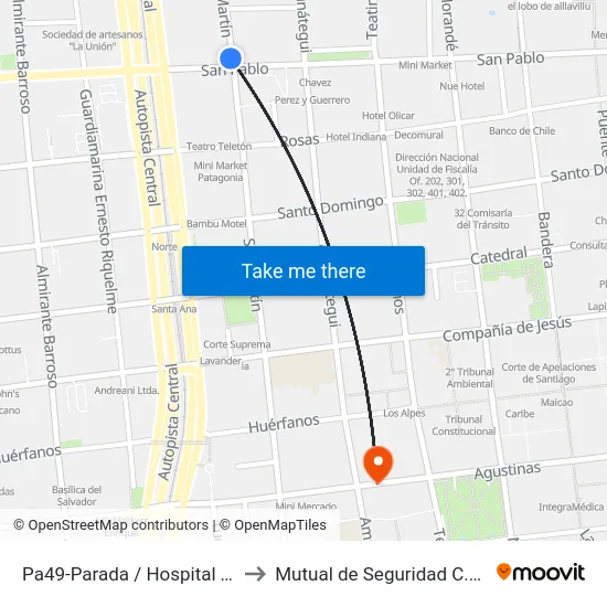 Pa49-Parada / Hospital Traumatológico to Mutual de Seguridad C.Ch.C. Agustinas map