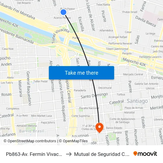 Pb863-Av. Fermín Vivaceta / Esq. Rivera to Mutual de Seguridad C.Ch.C. Agustinas map