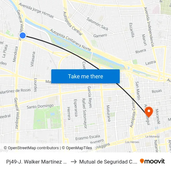 Pj49-J. Walker Martínez / Esq. Julio Verne to Mutual de Seguridad C.Ch.C. Agustinas map