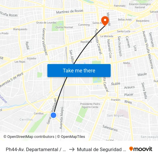 Ph44-Av. Departamental / Esq. Avenida Cerrillos to Mutual de Seguridad C.Ch.C. Agustinas map