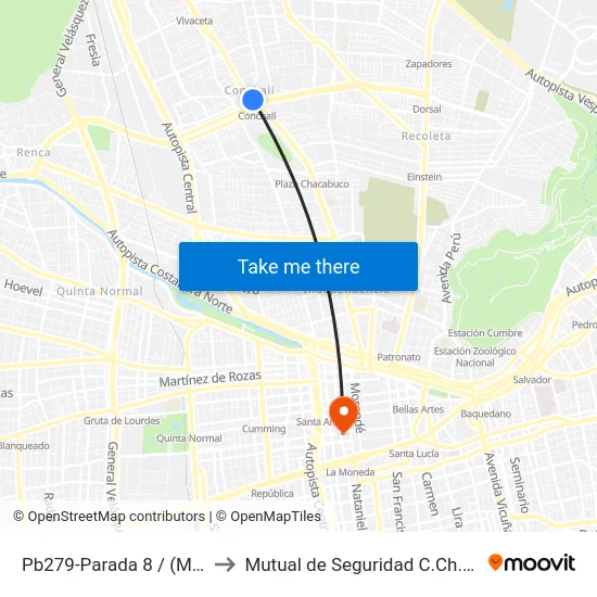 Pb279-Parada 8 / (M) Conchalí to Mutual de Seguridad C.Ch.C. Agustinas map