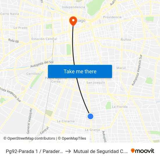 Pg92-Parada 1 / Paradero 21 Santa Rosa to Mutual de Seguridad C.Ch.C. Agustinas map
