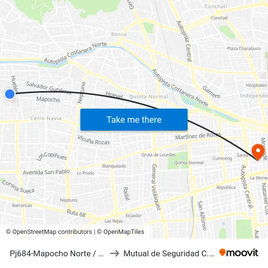 Pj684-Mapocho Norte / Esq. Islas Azores to Mutual de Seguridad C.Ch.C. Agustinas map