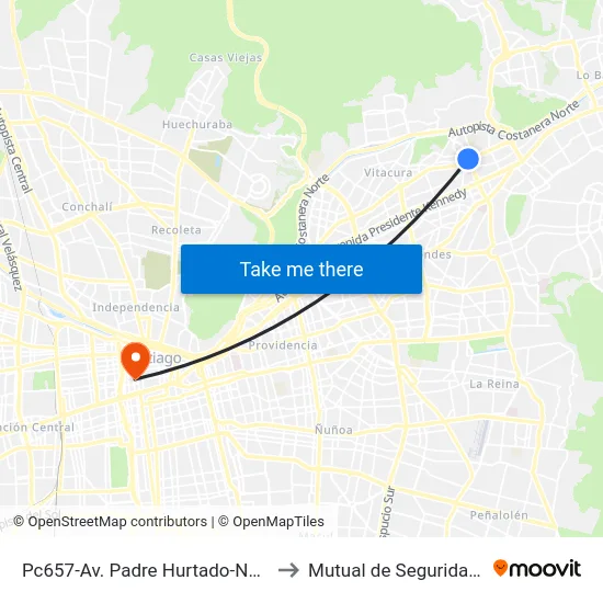 Pc657-Av. Padre Hurtado-Norte / Esq. Avenida Vitacura to Mutual de Seguridad C.Ch.C. Agustinas map