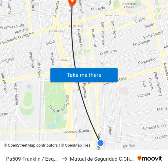 Pa509-Franklin / Esq. San Diego to Mutual de Seguridad C.Ch.C. Agustinas map