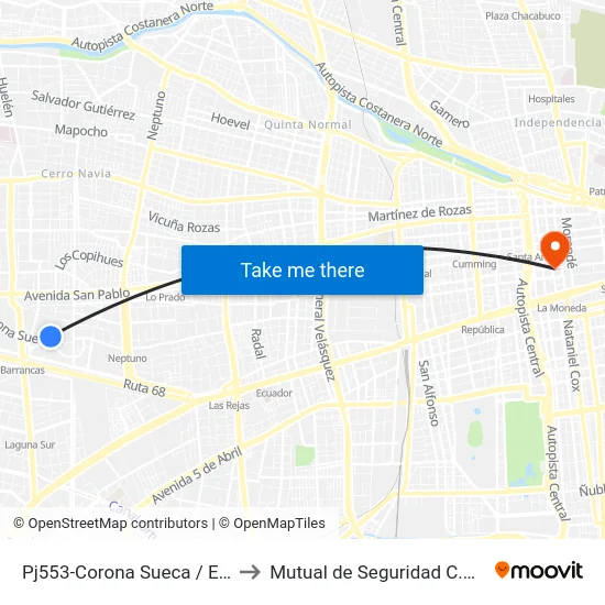 Pj553-Corona Sueca / Esq. Tupungato to Mutual de Seguridad C.Ch.C. Agustinas map