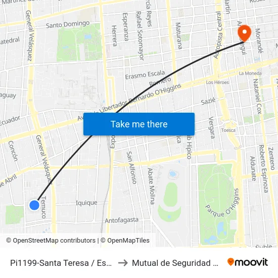 Pi1199-Santa Teresa / Esq. Veteranos Del 79 to Mutual de Seguridad C.Ch.C. Agustinas map