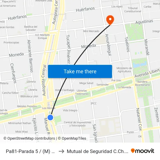 Pa81-Parada 5 / (M) Los Héroes to Mutual de Seguridad C.Ch.C. Agustinas map