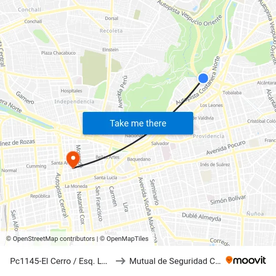 Pc1145-El Cerro / Esq. Los Conquistadores to Mutual de Seguridad C.Ch.C. Agustinas map