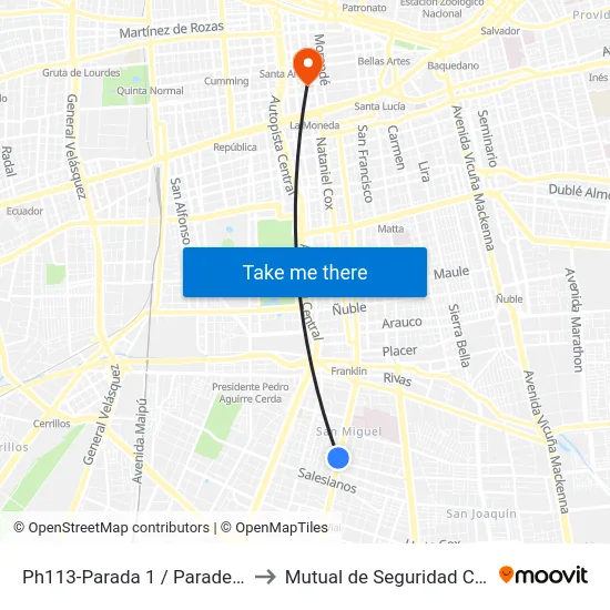Ph113-Parada 1 / Paradero 8 Gran Avenida to Mutual de Seguridad C.Ch.C. Agustinas map