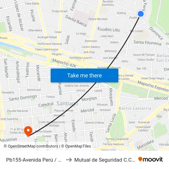 Pb155-Avenida Perú / Esq. Dominica to Mutual de Seguridad C.Ch.C. Agustinas map