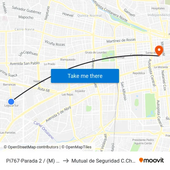Pi767-Parada 2 / (M) Laguna Sur to Mutual de Seguridad C.Ch.C. Agustinas map