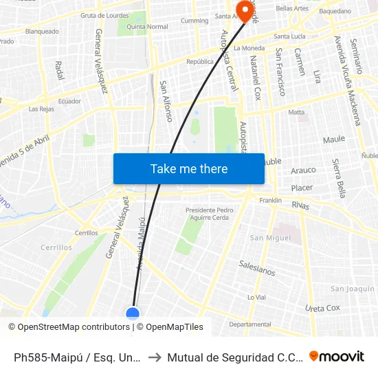 Ph585-Maipú / Esq. Unión Ferroviaria to Mutual de Seguridad C.Ch.C. Agustinas map