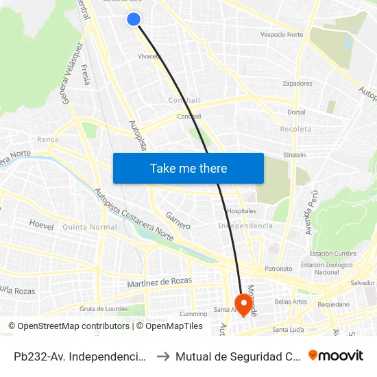 Pb232-Av. Independencia / Esq. Uno Norte to Mutual de Seguridad C.Ch.C. Agustinas map