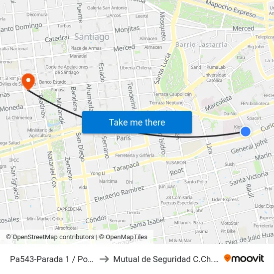 Pa543-Parada 1 / Posta Central to Mutual de Seguridad C.Ch.C. Agustinas map