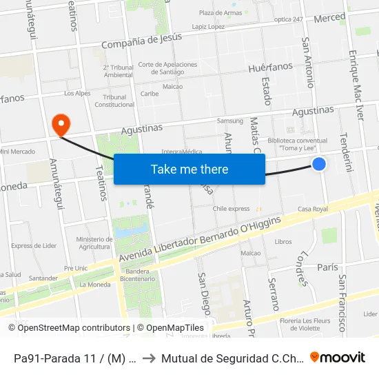 Pa91-Parada 11 / (M) Santa Lucía to Mutual de Seguridad C.Ch.C. Agustinas map