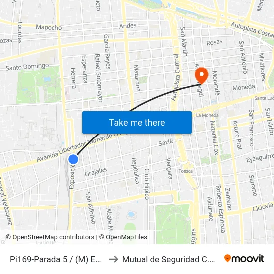Pi169-Parada 5 / (M) Estación Central to Mutual de Seguridad C.Ch.C. Agustinas map