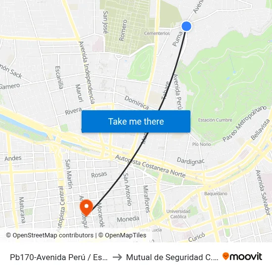 Pb170-Avenida Perú / Esq. Arz. Valdivieso to Mutual de Seguridad C.Ch.C. Agustinas map