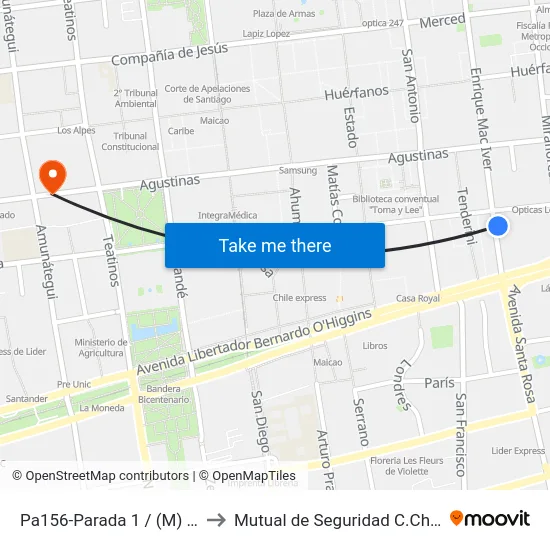 Pa156-Parada 1 / (M) Santa Lucía to Mutual de Seguridad C.Ch.C. Agustinas map