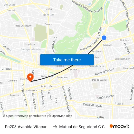 Pc208-Avenida Vitacura / Esq. Zurich to Mutual de Seguridad C.Ch.C. Agustinas map