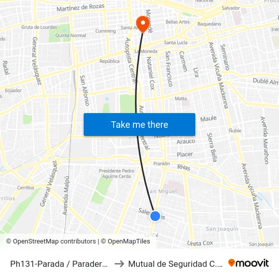 Ph131-Parada / Paradero 9 Gran Avenida to Mutual de Seguridad C.Ch.C. Agustinas map