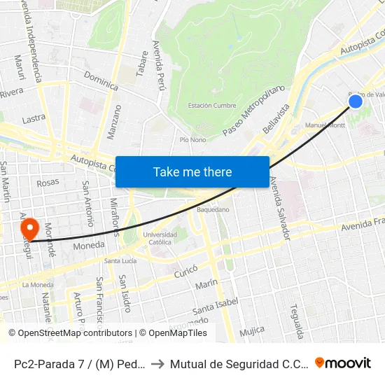 Pc2-Parada 7 / (M) Pedro De Valdivia to Mutual de Seguridad C.Ch.C. Agustinas map