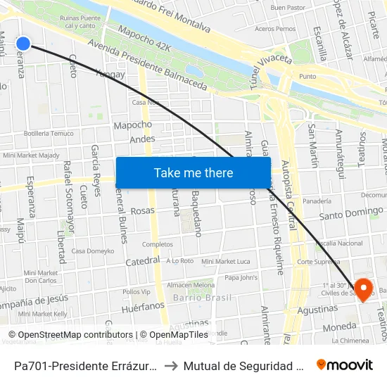 Pa701-Presidente Errázuriz / Esq. Esperanza to Mutual de Seguridad C.Ch.C. Agustinas map