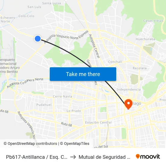 Pb617-Antillanca / Esq. Camino Lo Echevers to Mutual de Seguridad C.Ch.C. Agustinas map