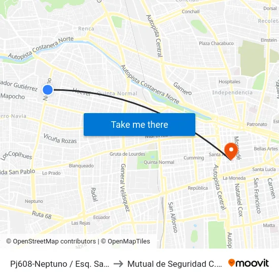 Pj608-Neptuno / Esq. Salvador Gutiérrez to Mutual de Seguridad C.Ch.C. Agustinas map