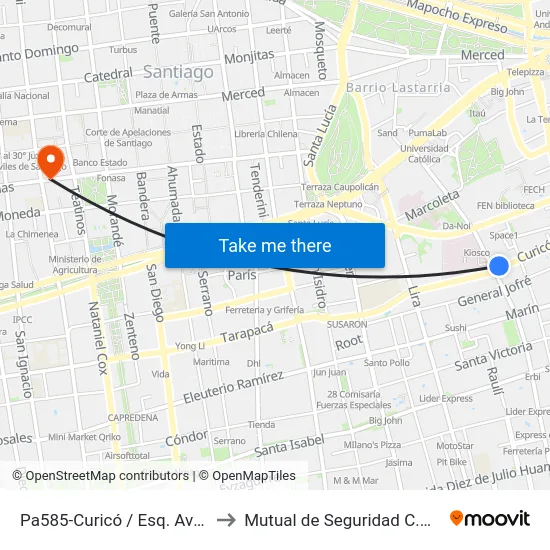 Pa585-Curicó / Esq. Avenida Portugal to Mutual de Seguridad C.Ch.C. Agustinas map