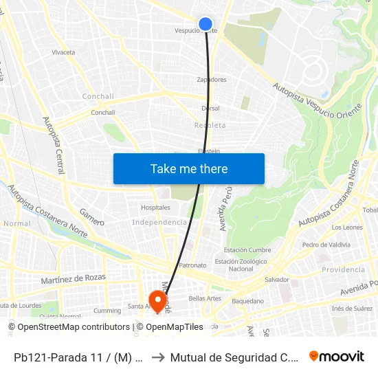 Pb121-Parada 11 / (M) Vespucio Norte to Mutual de Seguridad C.Ch.C. Agustinas map